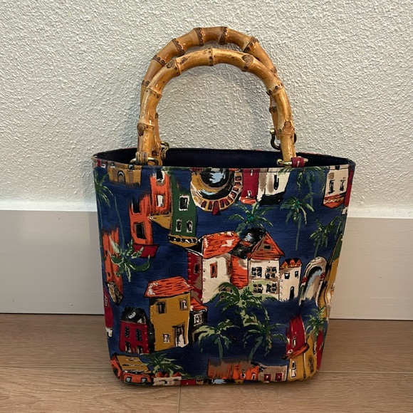 Handbags - Vintage Straw Bag with Bamboo Handles
